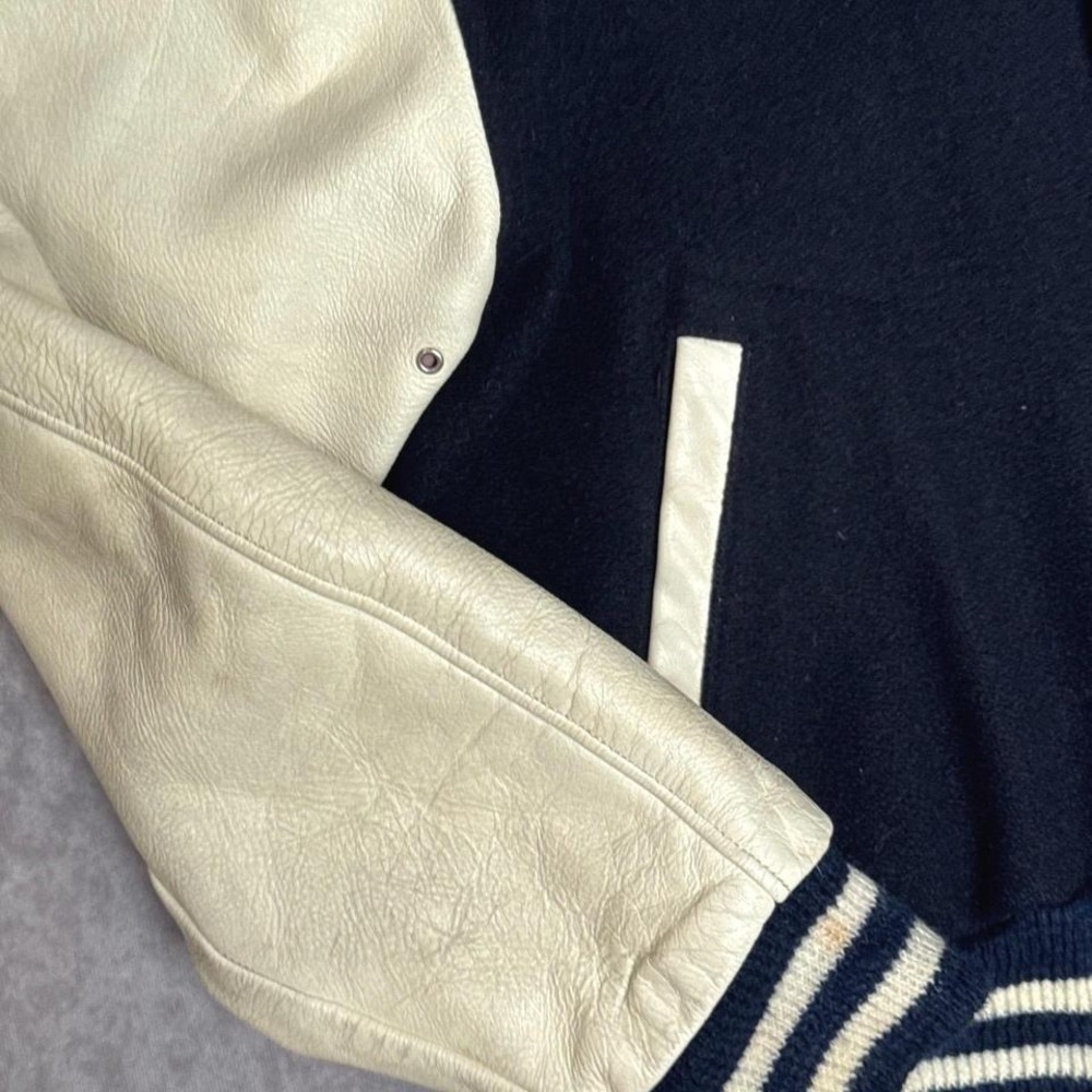 Varsity Bomber Jacket Navy Blue Empire Sporting Goods Leather Sleeve Letterman - Picture 5 of 7